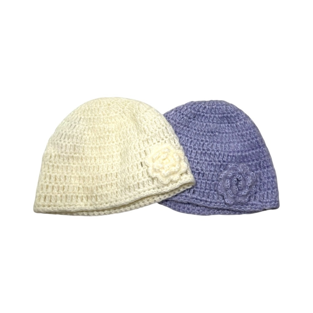 Cream and Lavender Knitted Beanie Bundle Size OS